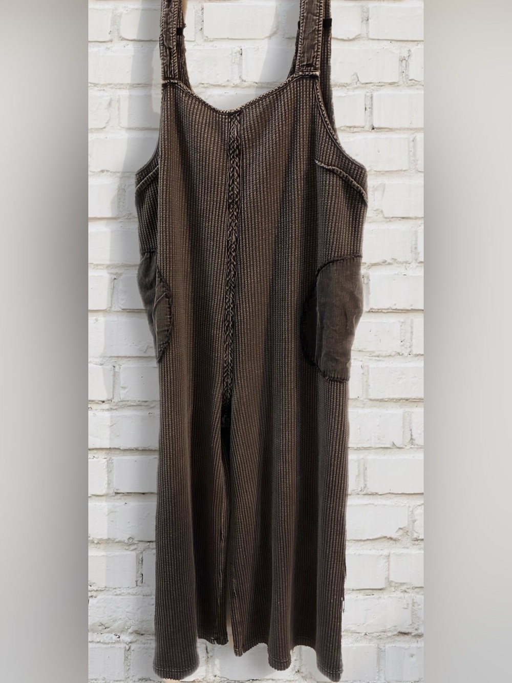 Easel Mineral Washed Waffle Knit Jumpsuit Overalls Charcoal Gray Size L